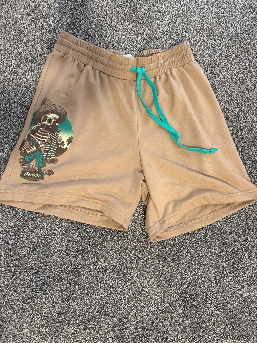 Men's Tan Athletic Shorts with Teal Drawstring and Graphic